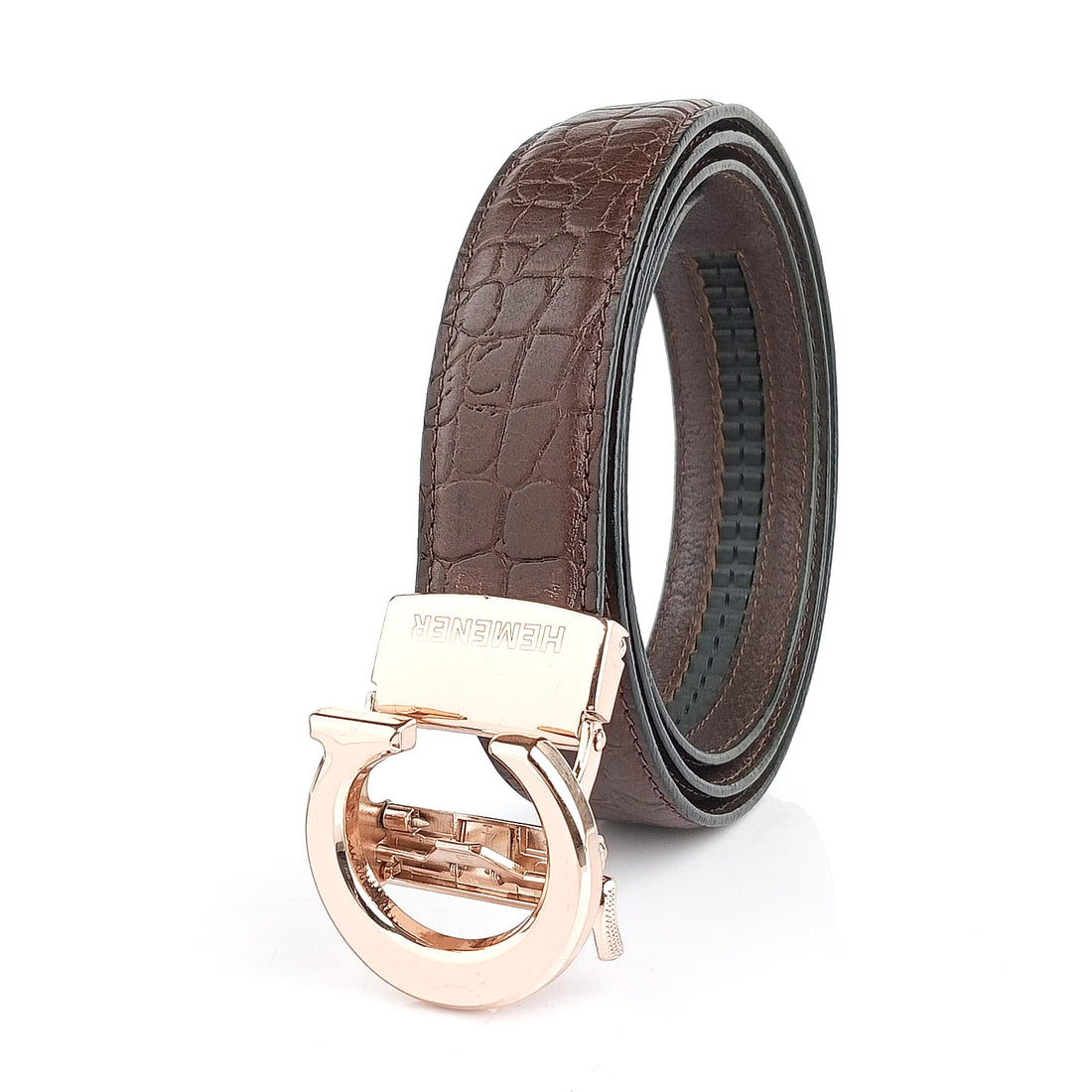 Hemener Men C Letter Metal Auto Grip Buckle Brown Croc Pattern Genuine Leather Belt