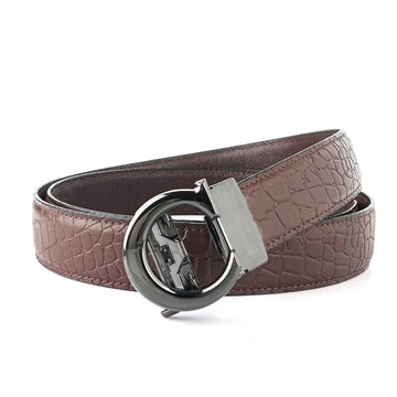 Hemener Men C Letter Metal Auto Grip Buckle Brown Croc Pattern Genuine Leather Belt