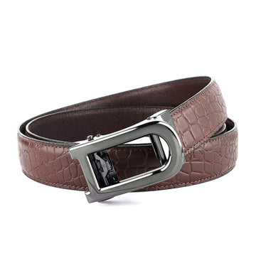 Hemener Men D Letter Metal Auto Grip Buckle Brown Croc Pattern Genuine Leather Belt