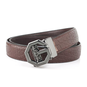 Hemener Men G Letter Metal Auto Grip Buckle Brown Croc Pattern Genuine Leather Belt