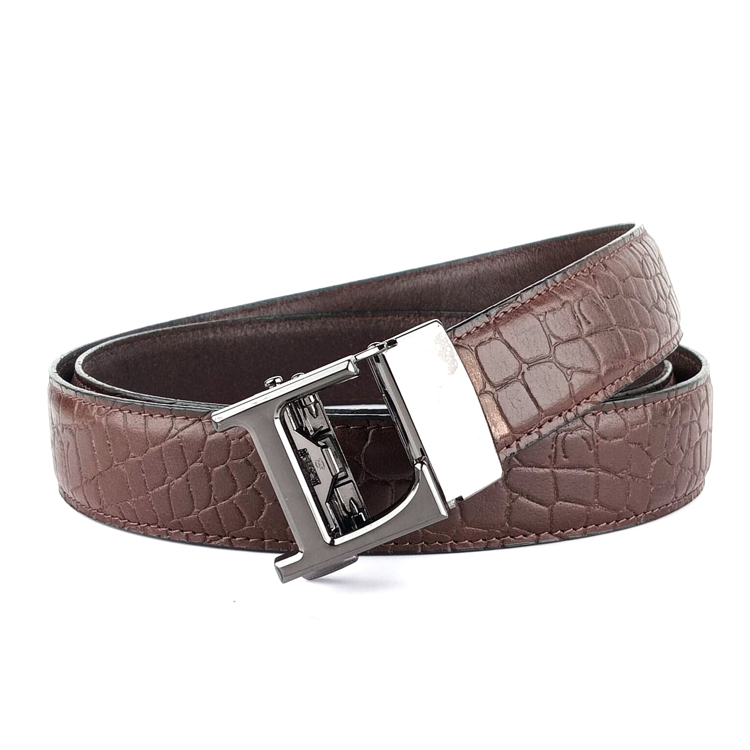 Hemener Men L Letter Metal Auto Grip Buckle Brown Croc Pattern Genuine Leather Belt