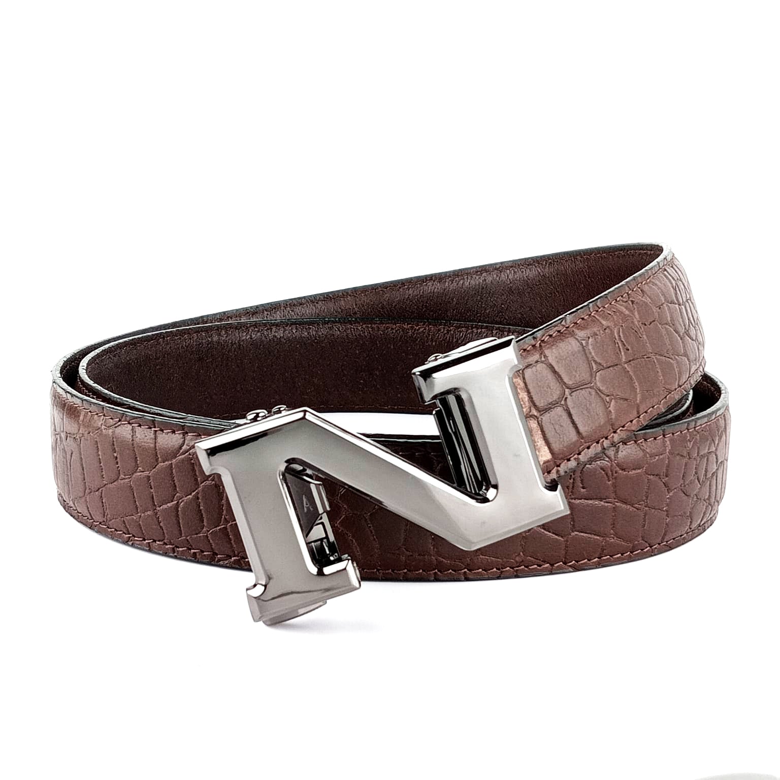 Hemener Men N Letter Metal Auto Grip Buckle Brown Croc Pattern Genuine Leather Belt