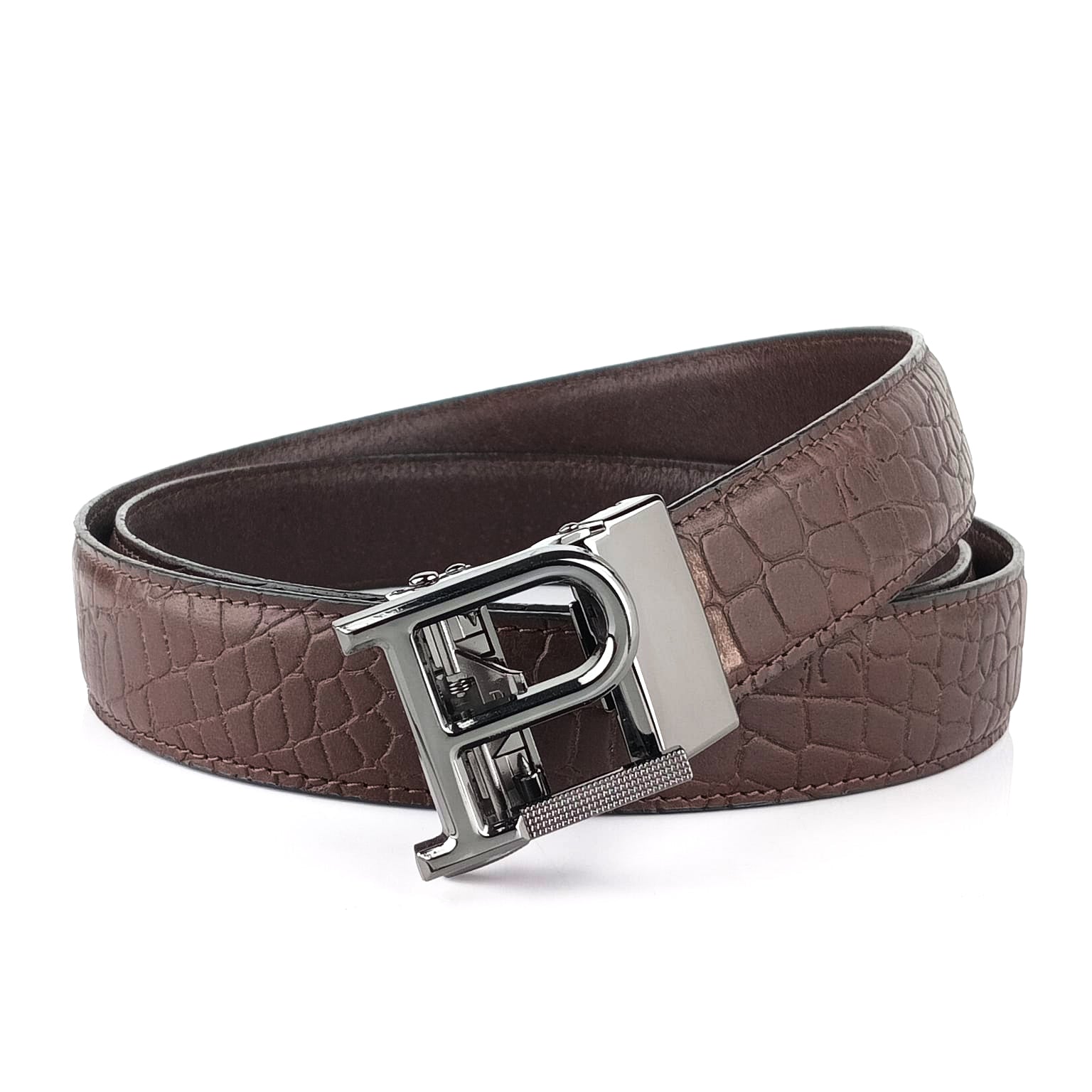 Hemener Men P Letter Metal Auto Grip Buckle Brown Croc Pattern Genuine Leather Belt