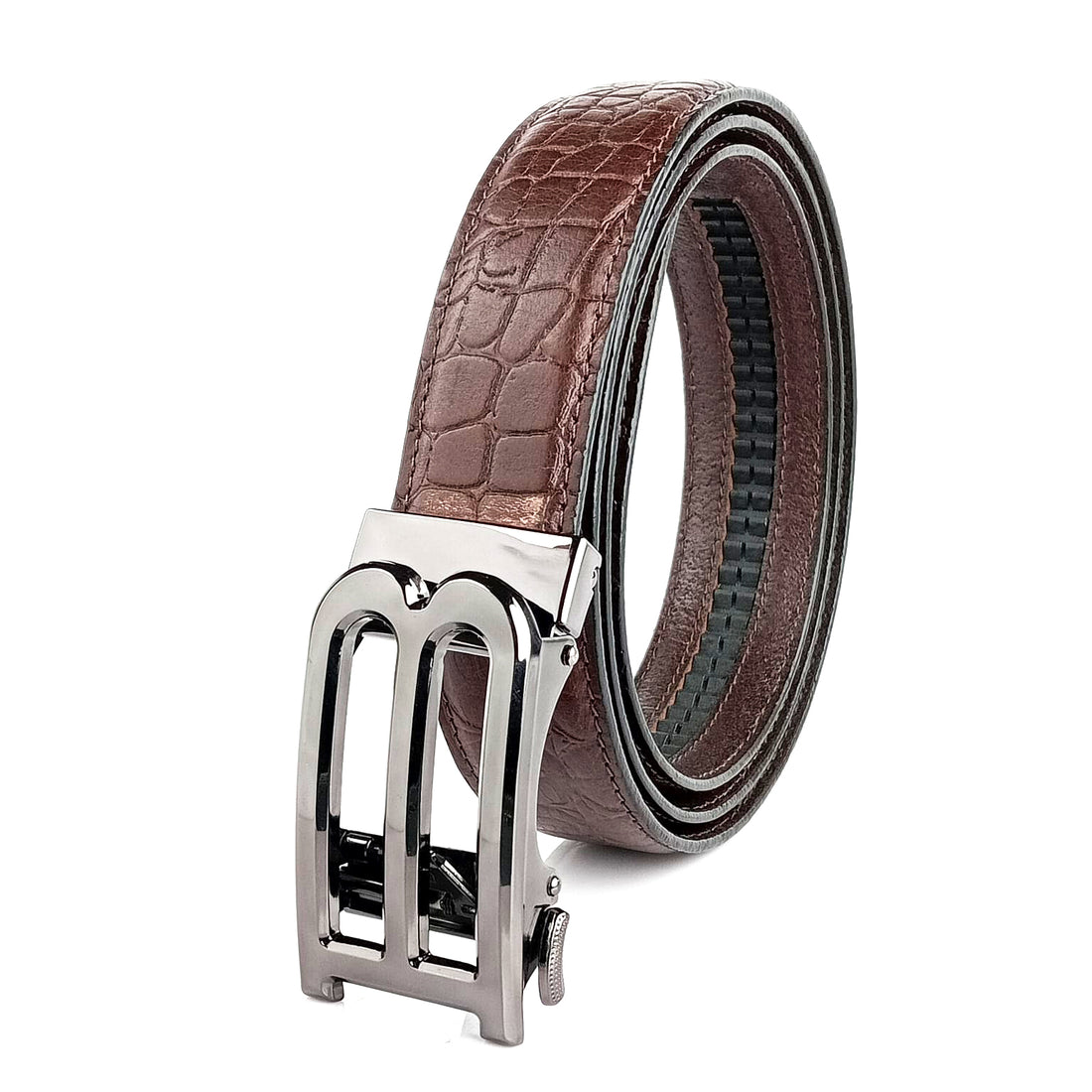 Hemener Men B Letter Metal Auto Grip Buckle Brown Croc Pattern Genuine Leather Belt