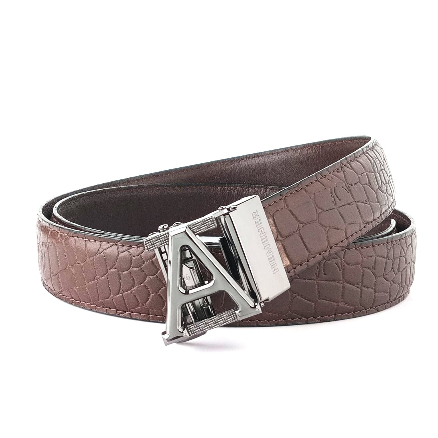 Hemener Men A Letter Metal Auto Grip Buckle Brown Croc Pattern Genuine Leather Belt