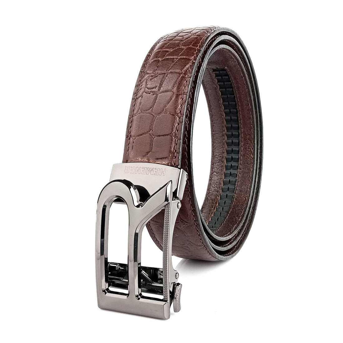 Hemener Men R Letter Metal Auto Grip Buckle Brown Croc Pattern Genuine Leather Belt