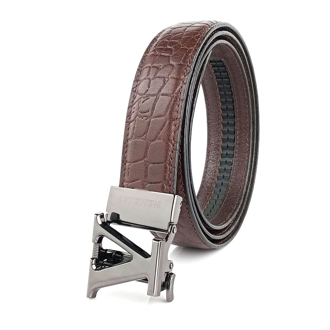 Hemener Men V Letter Metal Auto Grip Buckle Brown Croc Pattern Genuine Leather Belt