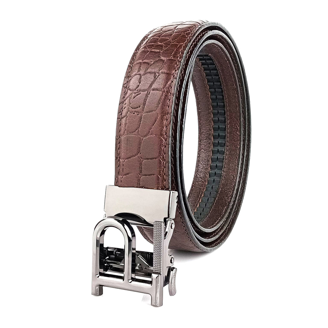 Hemener Men P Letter Metal Auto Grip Buckle Brown Croc Pattern Genuine Leather Belt