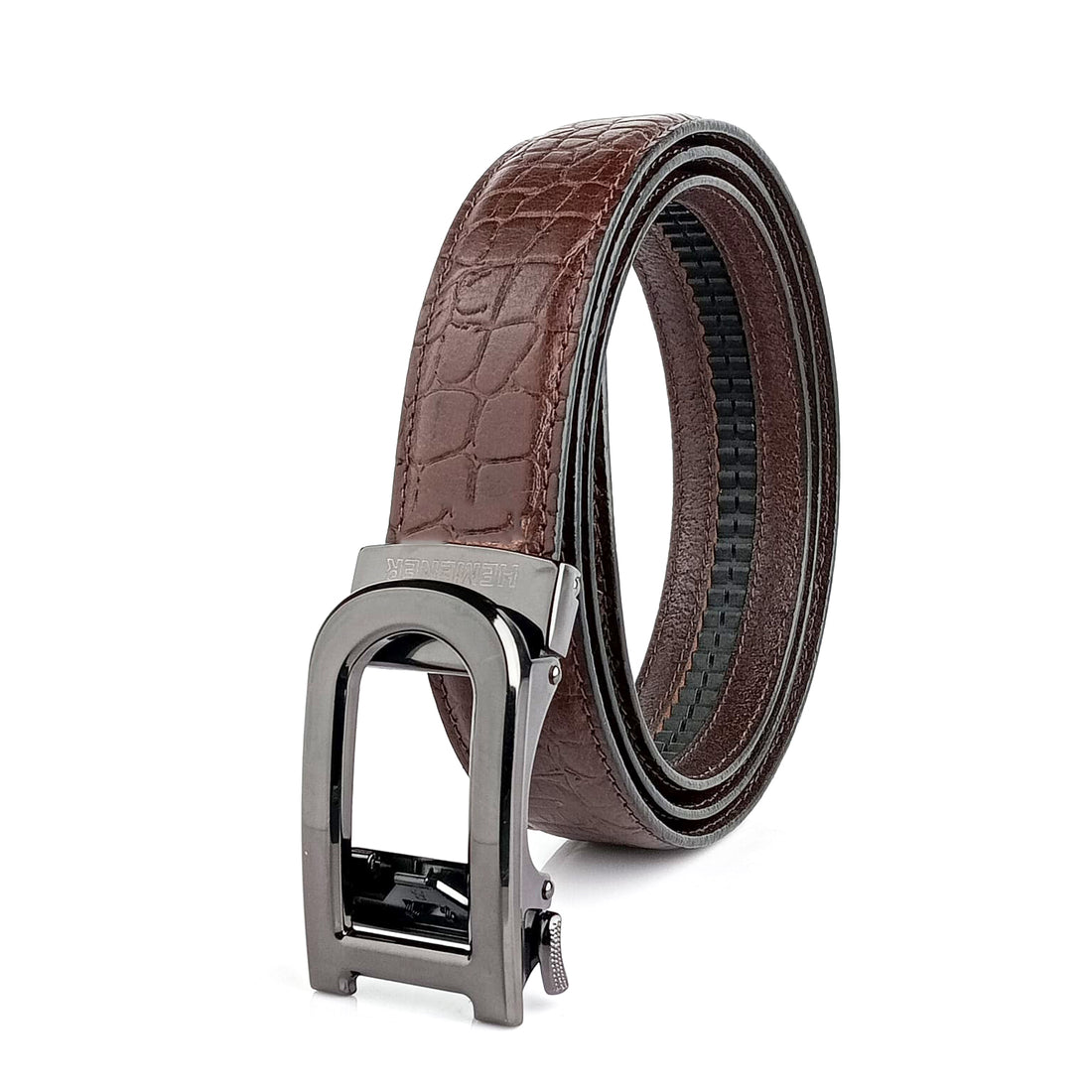 Hemener Men D Letter Metal Auto Grip Buckle Brown Croc Pattern Genuine Leather Belt