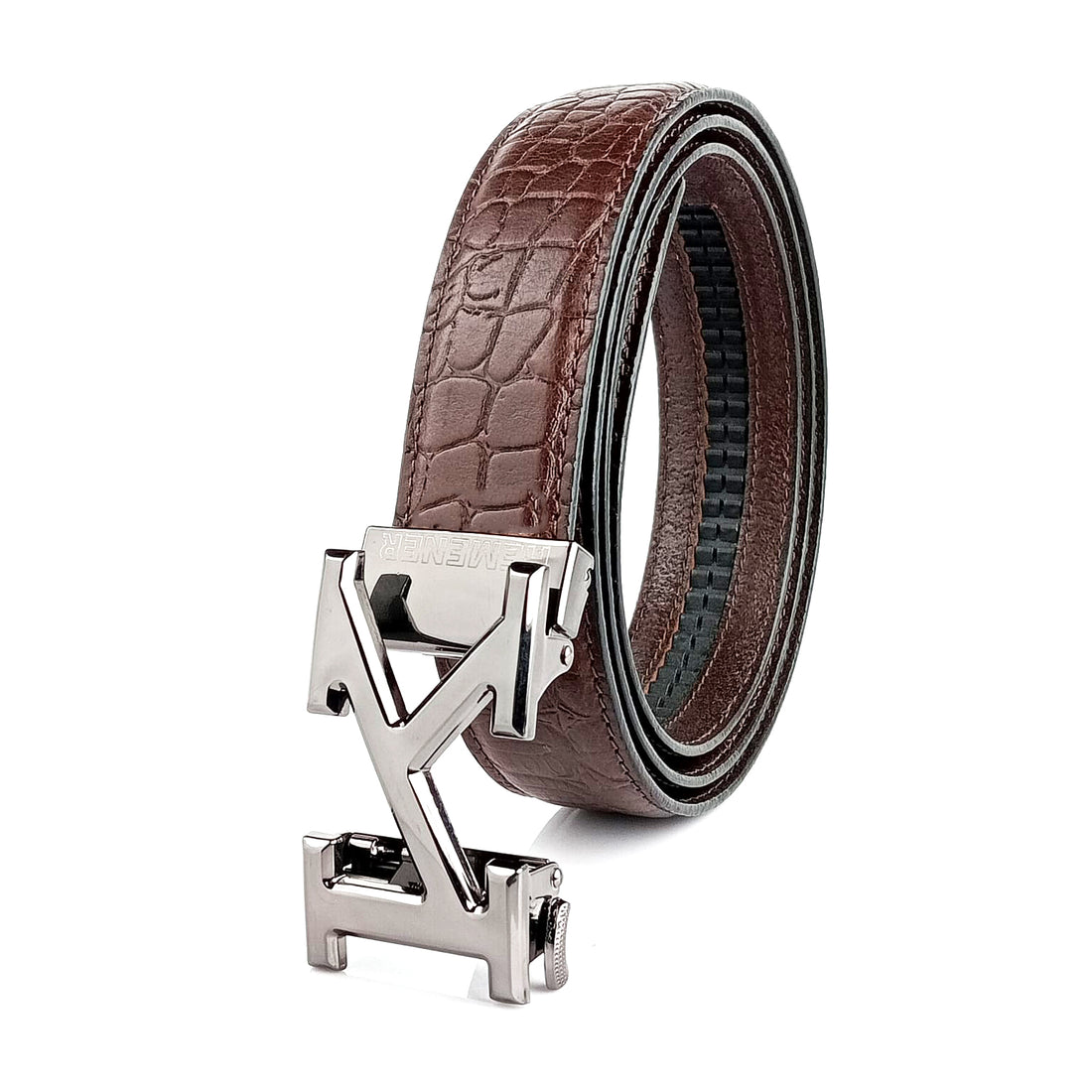 Hemener Men K Letter Metal Auto Grip Buckle Brown Croc Pattern Genuine Leather Belt