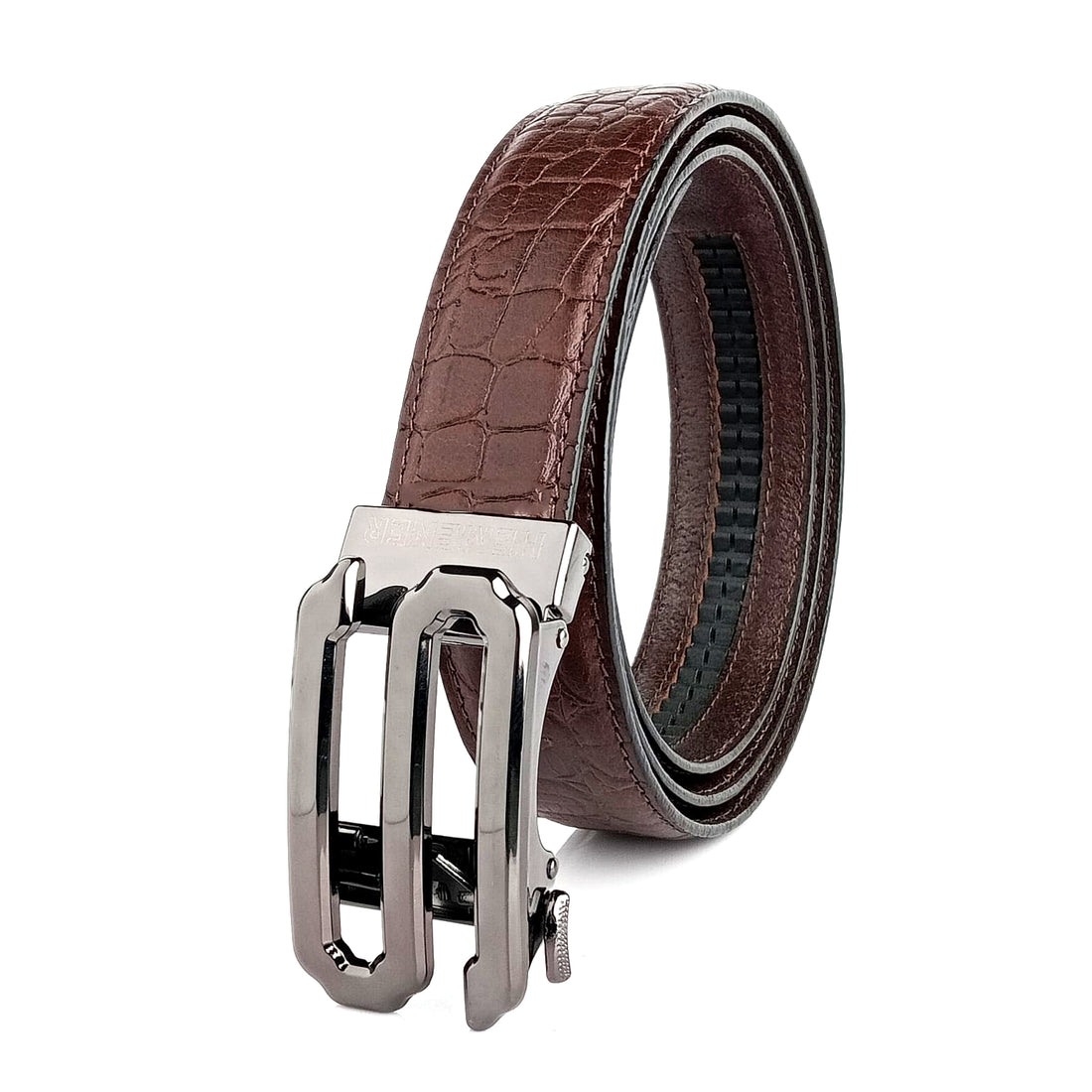 Hemener Men S Letter Metal Auto Grip Buckle Brown Croc Pattern Genuine Leather Belt