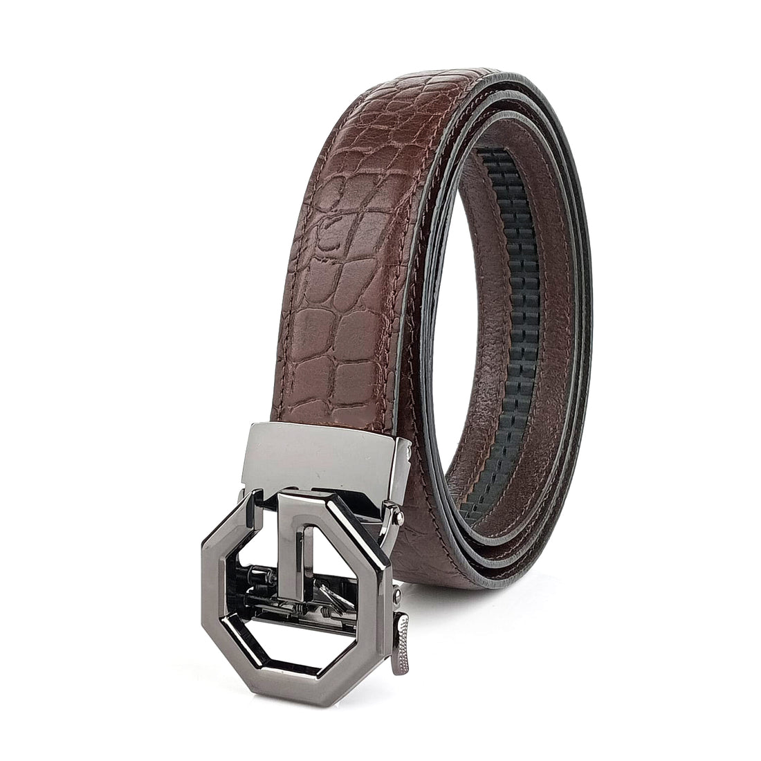 Hemener Men G Letter Metal Auto Grip Buckle Brown Croc Pattern Genuine Leather Belt