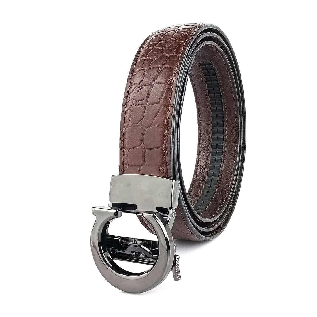 Hemener Men C Letter Metal Auto Grip Buckle Brown Croc Pattern Genuine Leather Belt