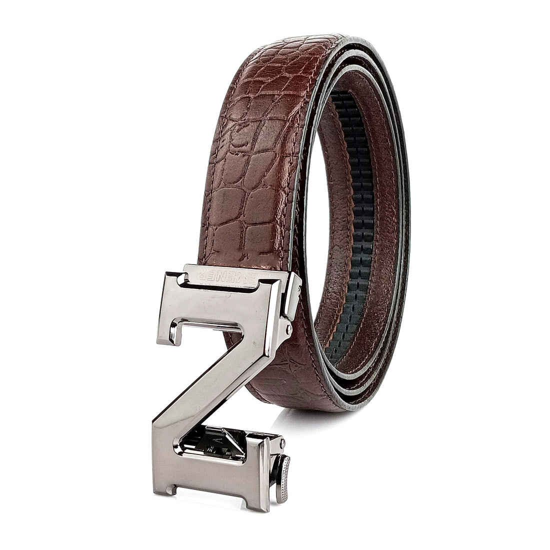 Hemener Men N Letter Metal Auto Grip Buckle Brown Croc Pattern Genuine Leather Belt