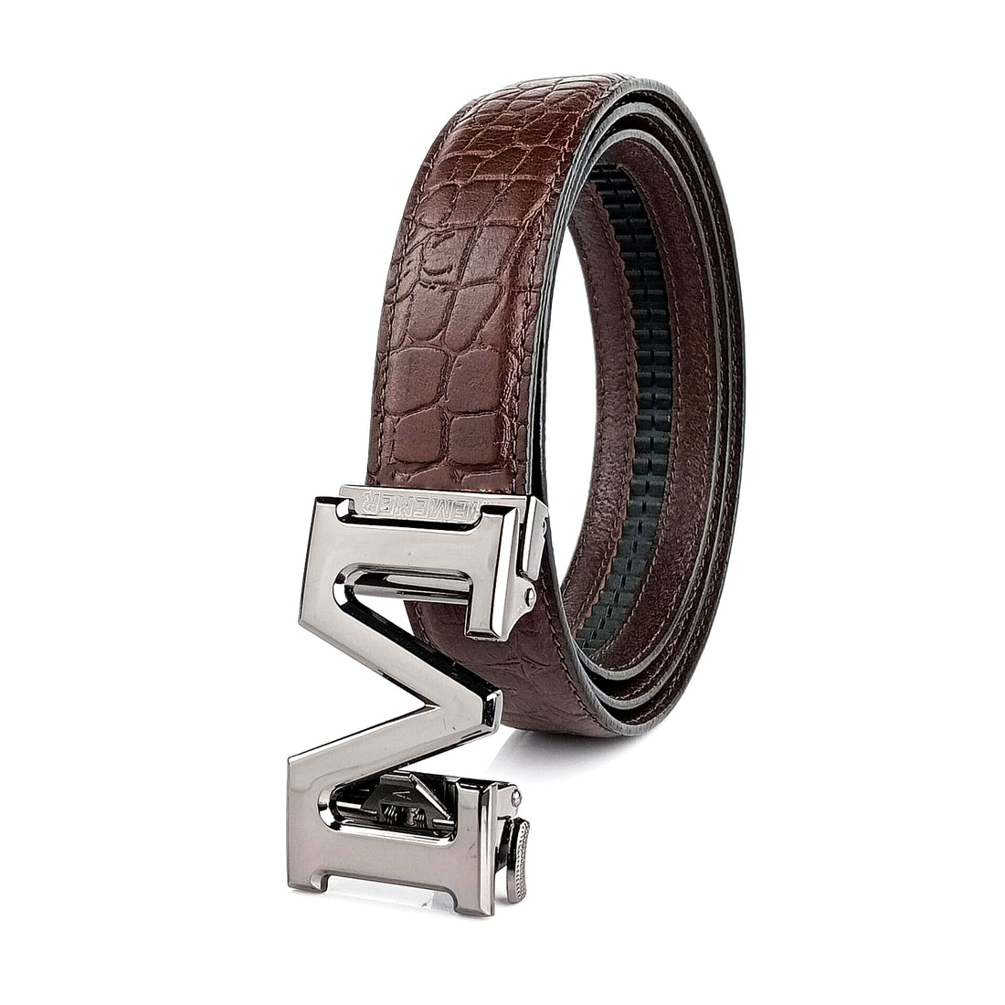 Hemener Men M Letter Metal Auto Grip Buckle Brown Croc Pattern Genuine Leather Belt