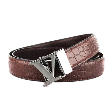 Hemener Men V Letter Metal Auto Grip Buckle Brown Croc Pattern Genuine Leather Belt