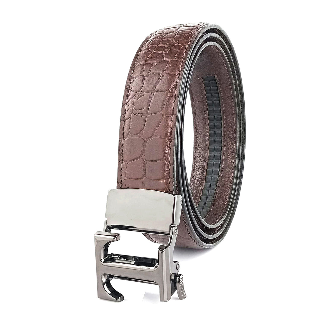 Hemener Men T Letter Metal Auto Grip Buckle Brown Croc Pattern Genuine Leather Belt