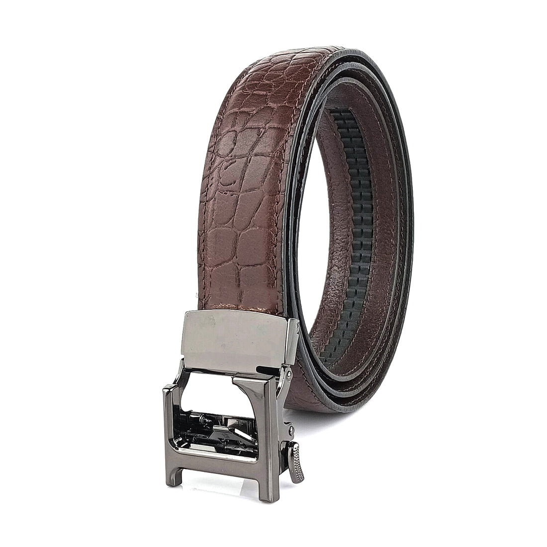 Hemener Men L Letter Metal Auto Grip Buckle Brown Croc Pattern Genuine Leather Belt