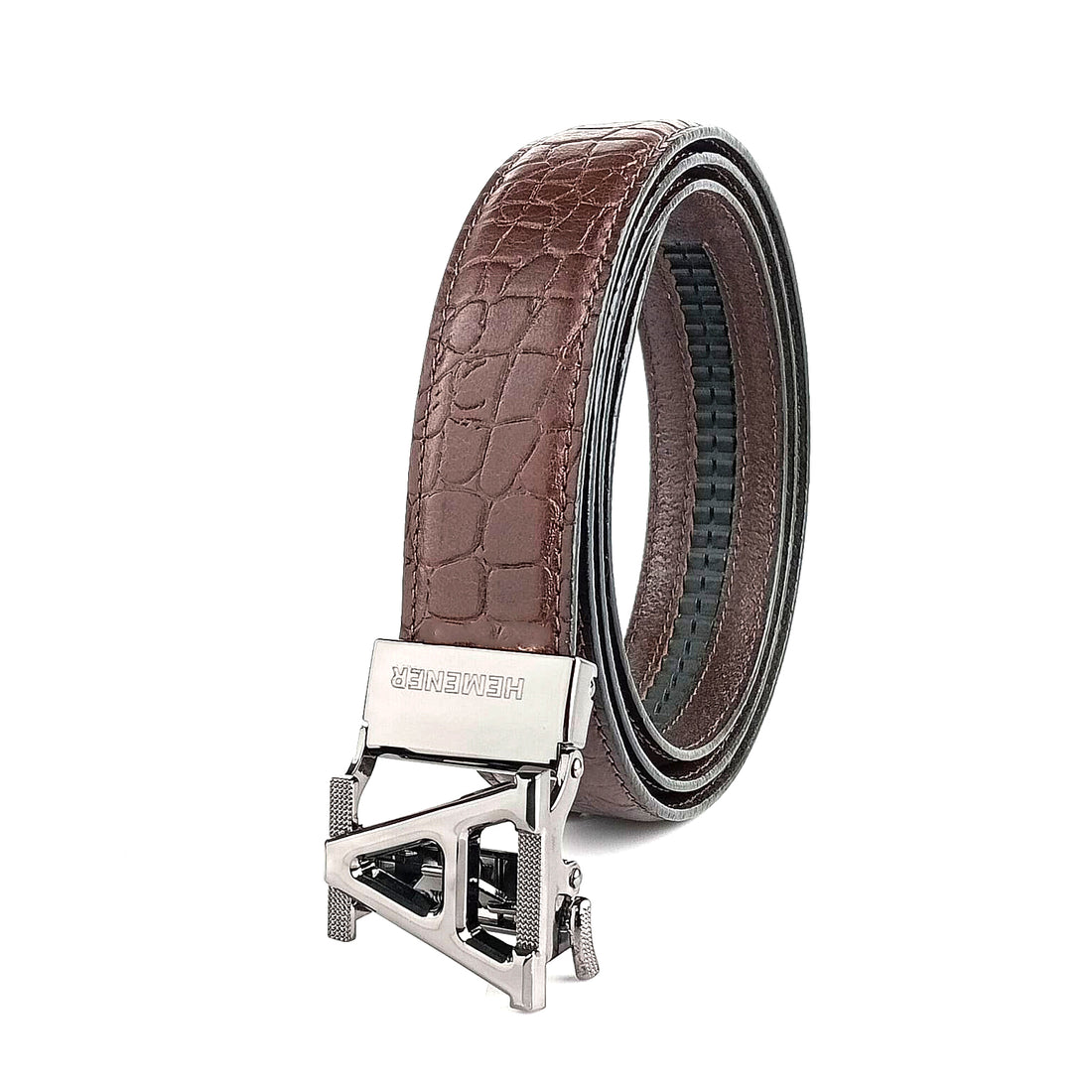 Hemener Men A Letter Metal Auto Grip Buckle Brown Croc Pattern Genuine Leather Belt