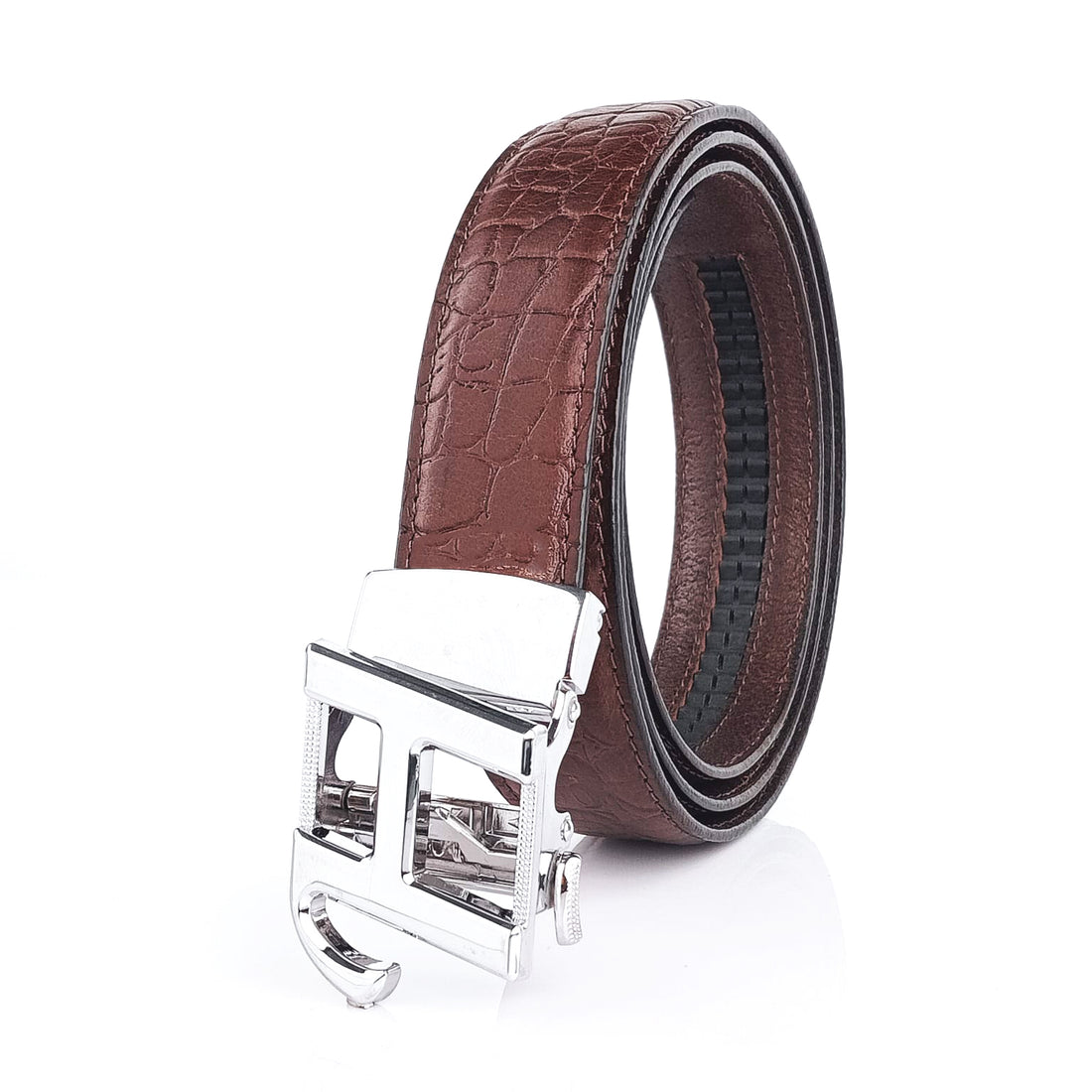 Hemener Men H Letter Metal Auto Grip Buckle Brown Croc Pattern Genuine Leather Belt