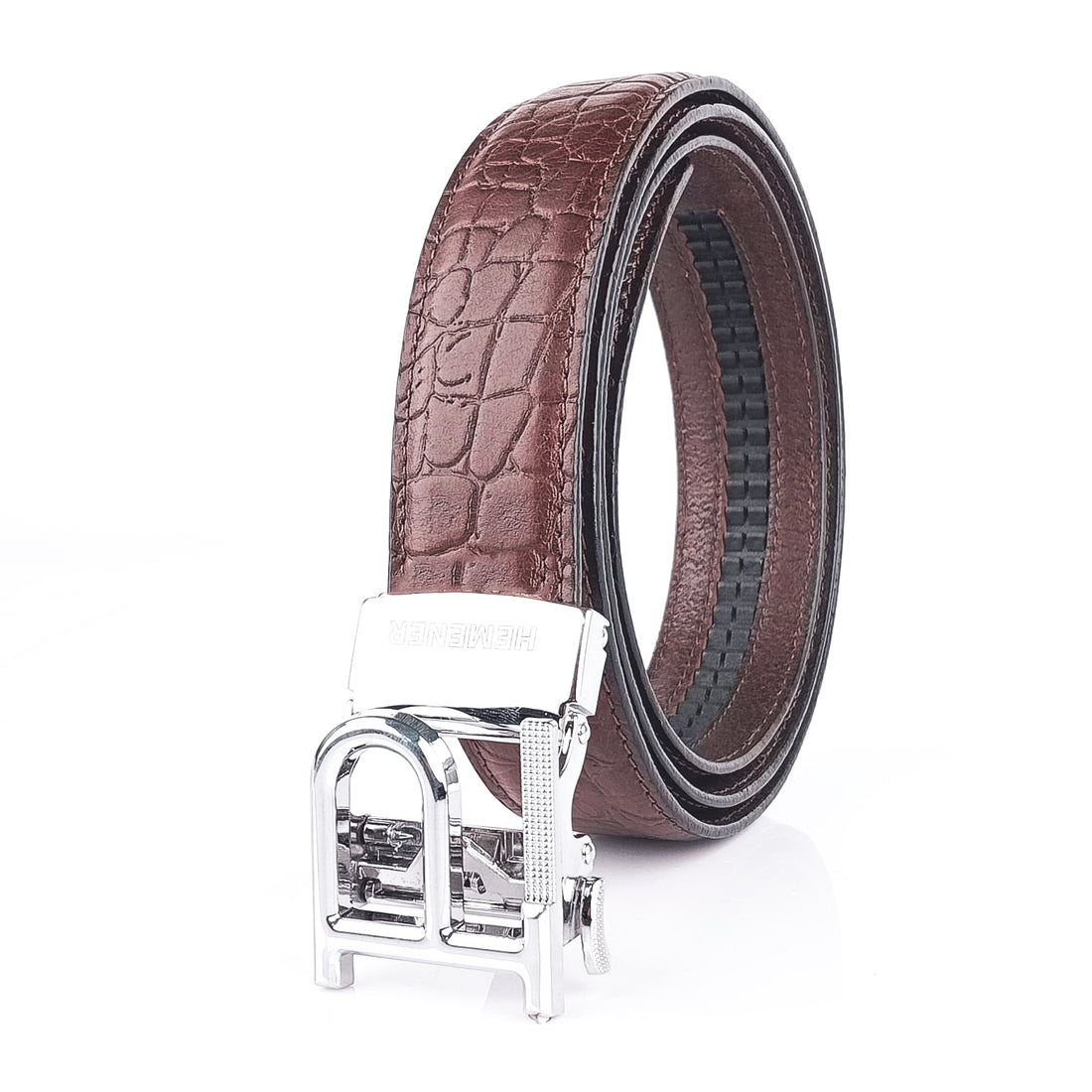 Hemener Men P Letter Metal Auto Grip Buckle Brown Croc Pattern Genuine Leather Belt