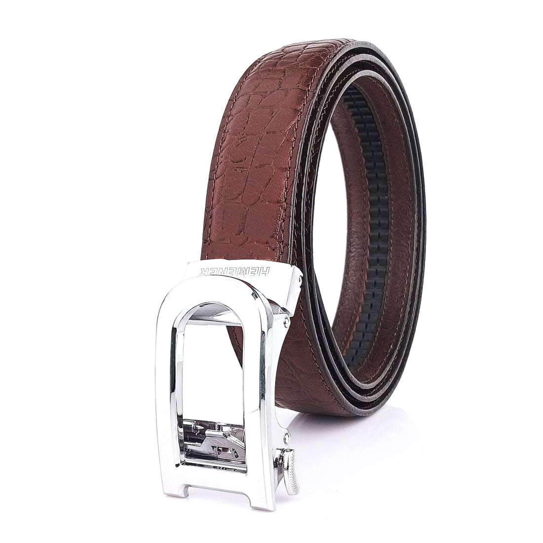 Hemener Men D Letter Metal Auto Grip Buckle Brown Croc Pattern Genuine Leather Belt