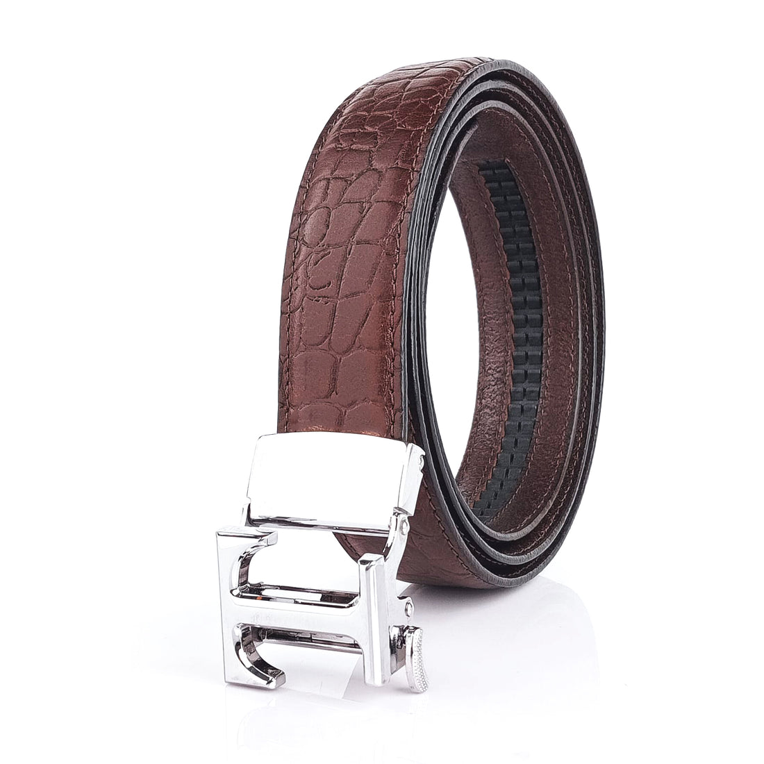 Hemener Men  T Letter Metal Auto Grip Buckle Brown Croc Pattern Genuine Leather Belt