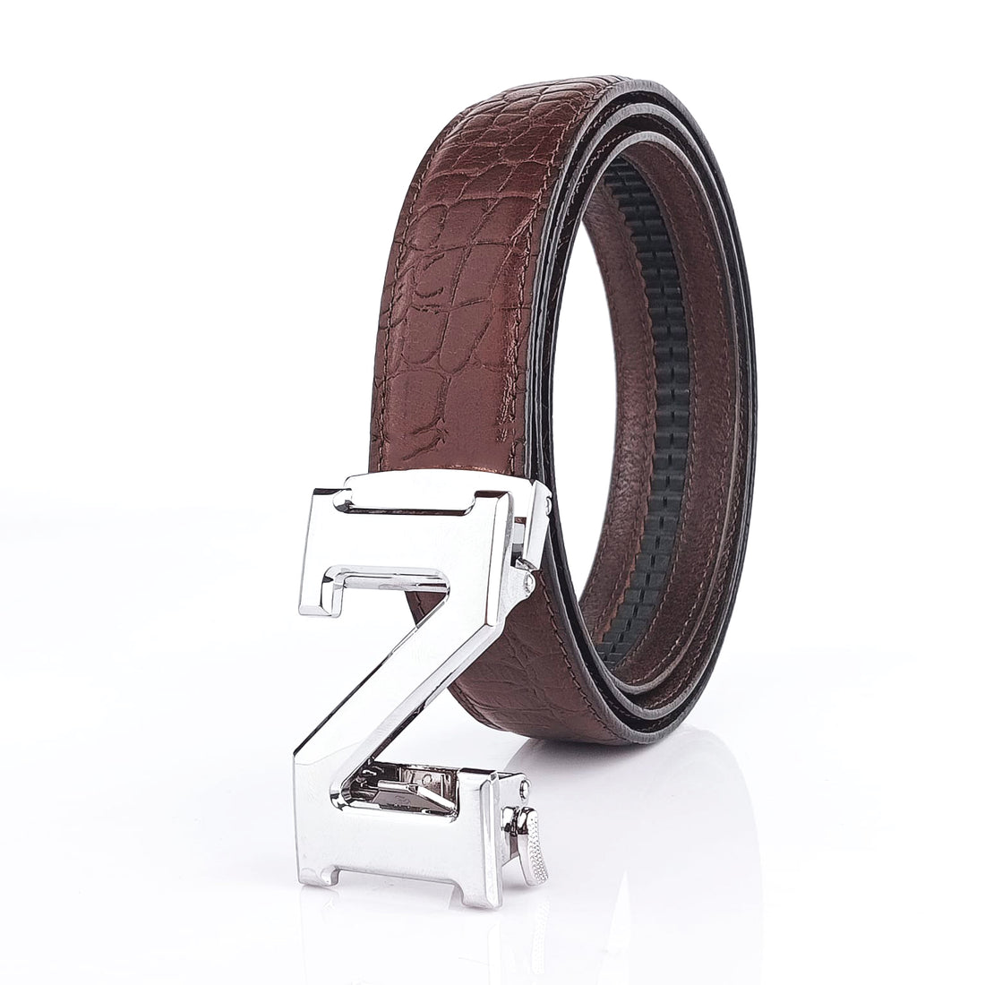 Hemener Men N Letter Metal Auto Grip Buckle Brown Croc Pattern Genuine Leather Belt