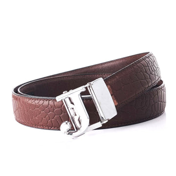 Hemener Men J  Letter Metal Auto Grip Buckle Brown Croc Pattern Genuine Leather Belt