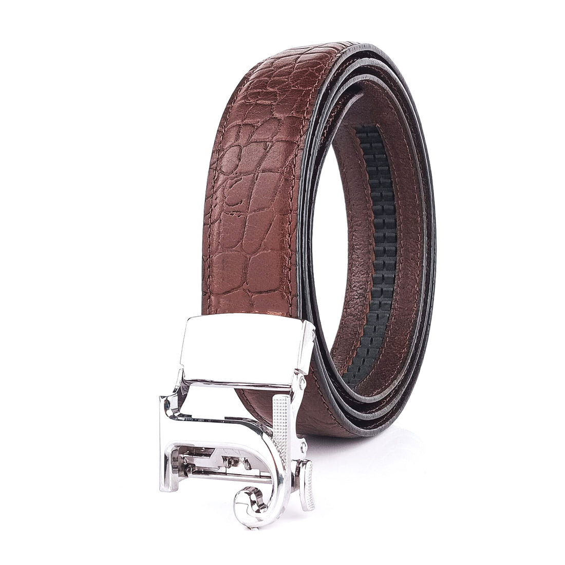 Hemener Men J  Letter Metal Auto Grip Buckle Brown Croc Pattern Genuine Leather Belt