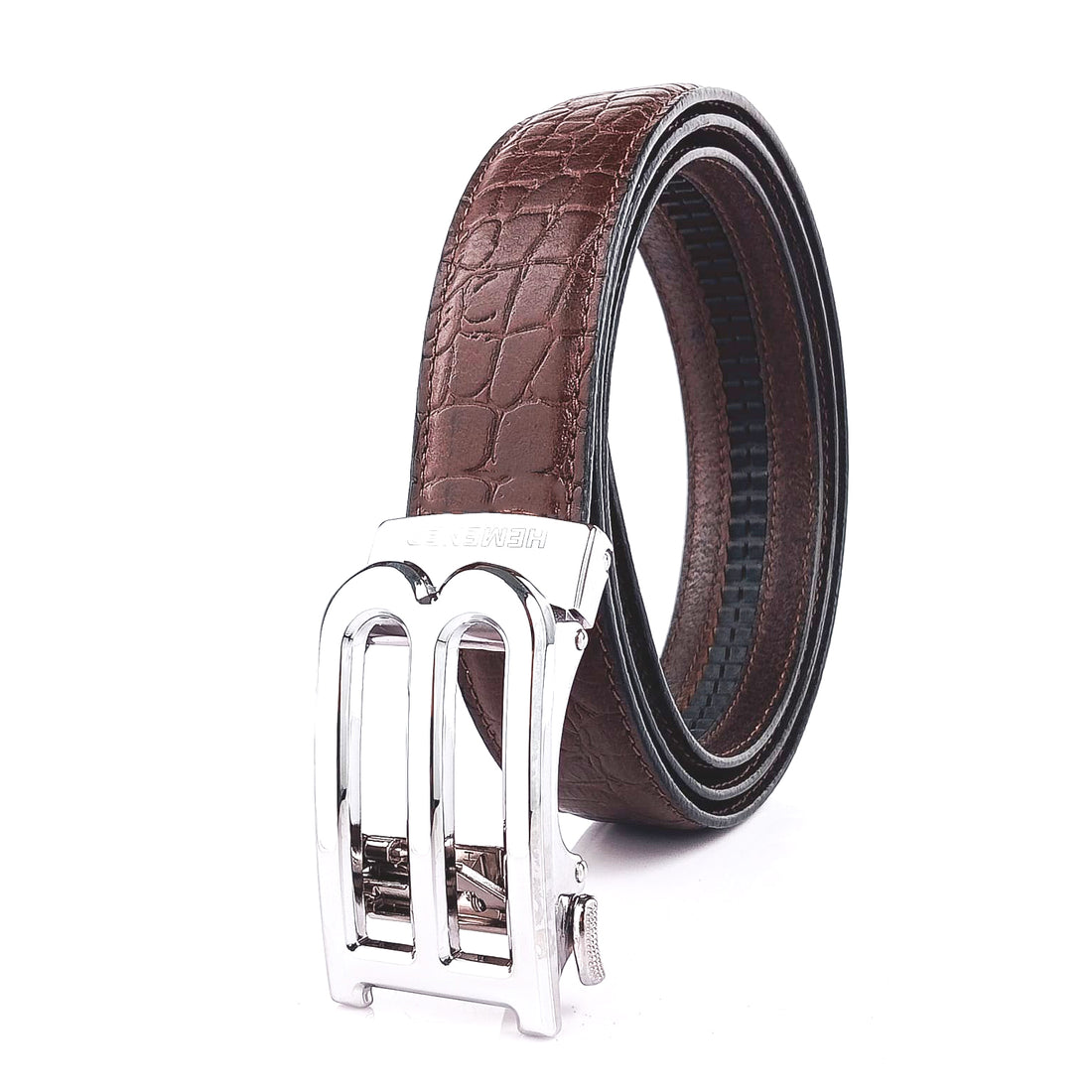 Hemener Men B  Letter Metal Auto Grip Buckle Brown Croc Pattern Genuine Leather Belt