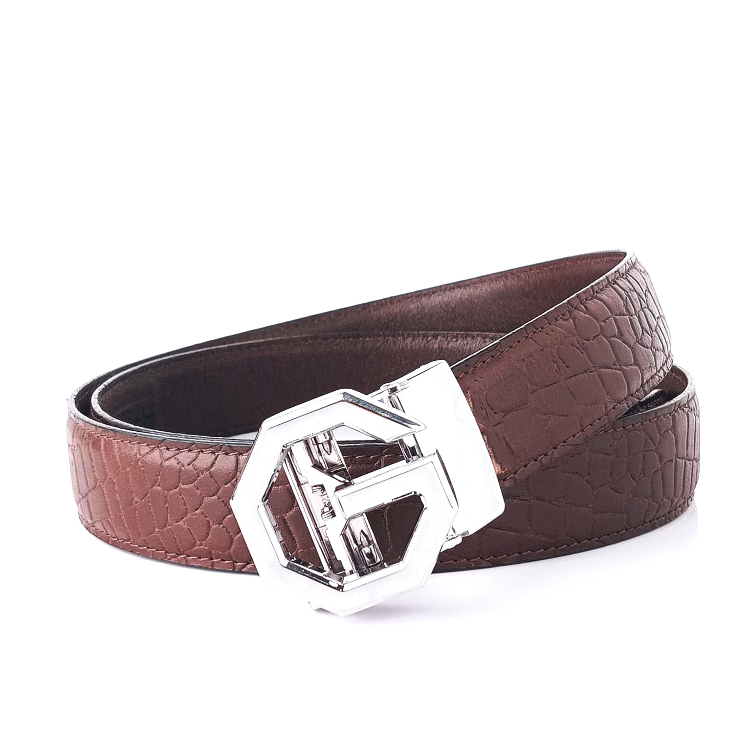 Hemener Men G Letter Metal Auto Grip Buckle Brown Croc Pattern Genuine Leather Belt