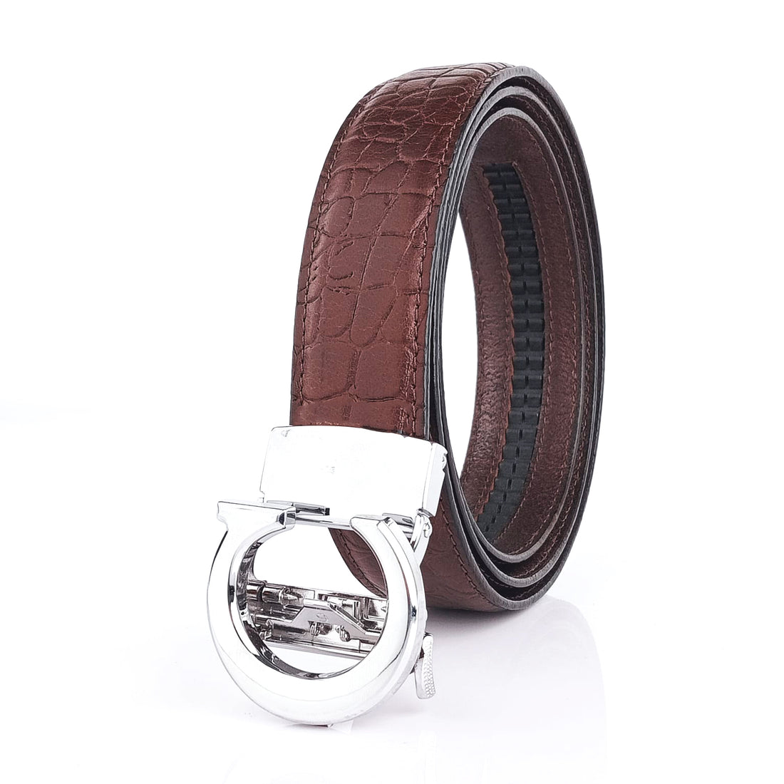 Hemener Men C Letter Metal Auto Grip Buckle Brown Croc Pattern Genuine Leather Belt