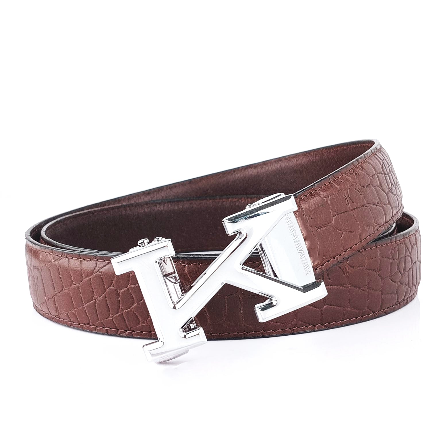 Hemener Men K Letter Metal Auto Grip Buckle Brown Croc Pattern Genuine Leather Belt