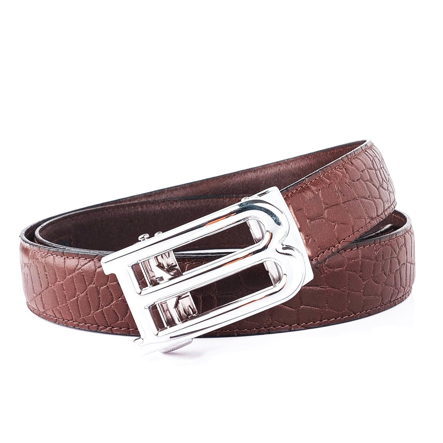 Hemener Men B  Letter Metal Auto Grip Buckle Brown Croc Pattern Genuine Leather Belt