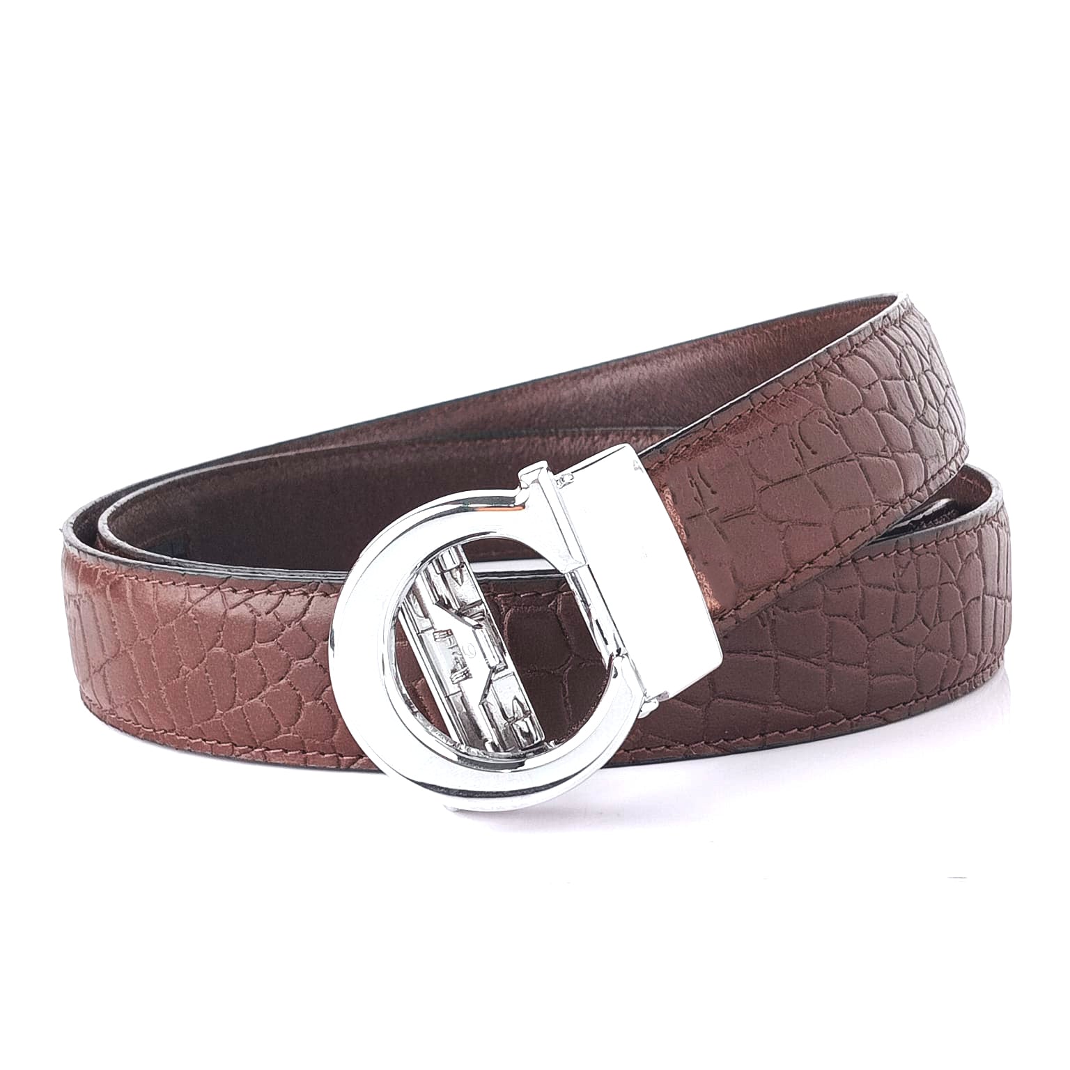 Hemener Men C Letter Metal Auto Grip Buckle Brown Croc Pattern Genuine Leather Belt