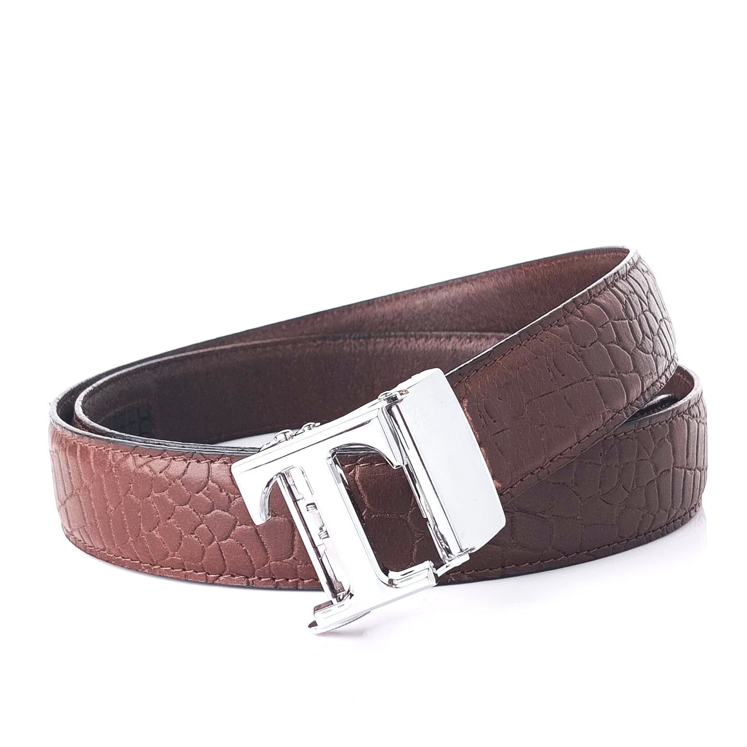 Hemener Men  T Letter Metal Auto Grip Buckle Brown Croc Pattern Genuine Leather Belt