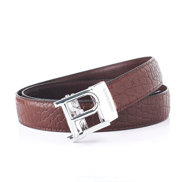 Hemener Men P Letter Metal Auto Grip Buckle Brown Croc Pattern Genuine Leather Belt