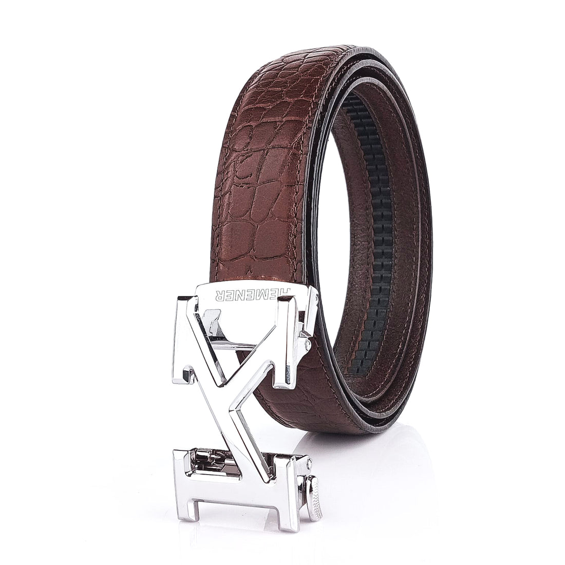 Hemener Men K Letter Metal Auto Grip Buckle Brown Croc Pattern Genuine Leather Belt