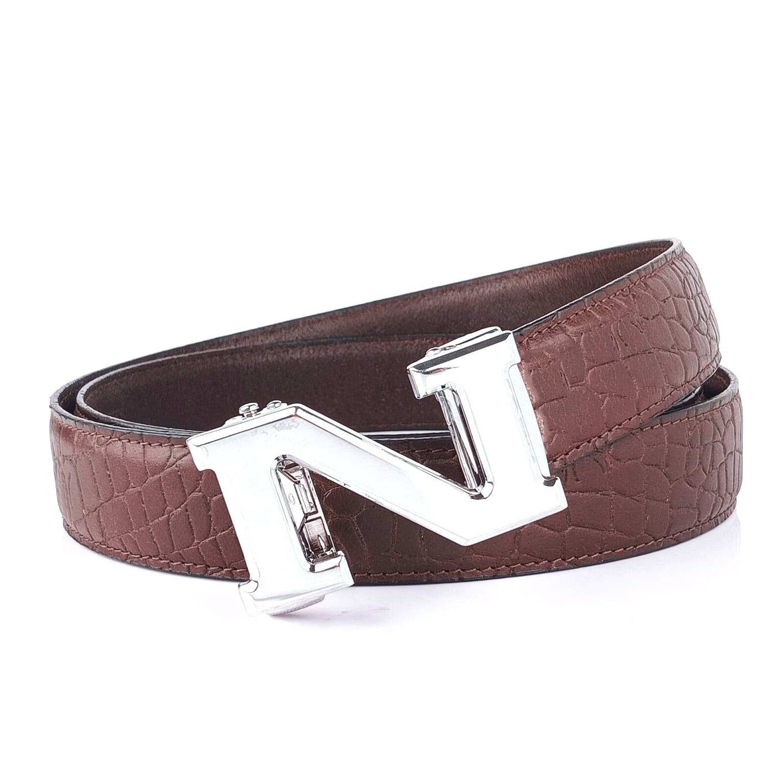 Hemener Men N Letter Metal Auto Grip Buckle Brown Croc Pattern Genuine Leather Belt