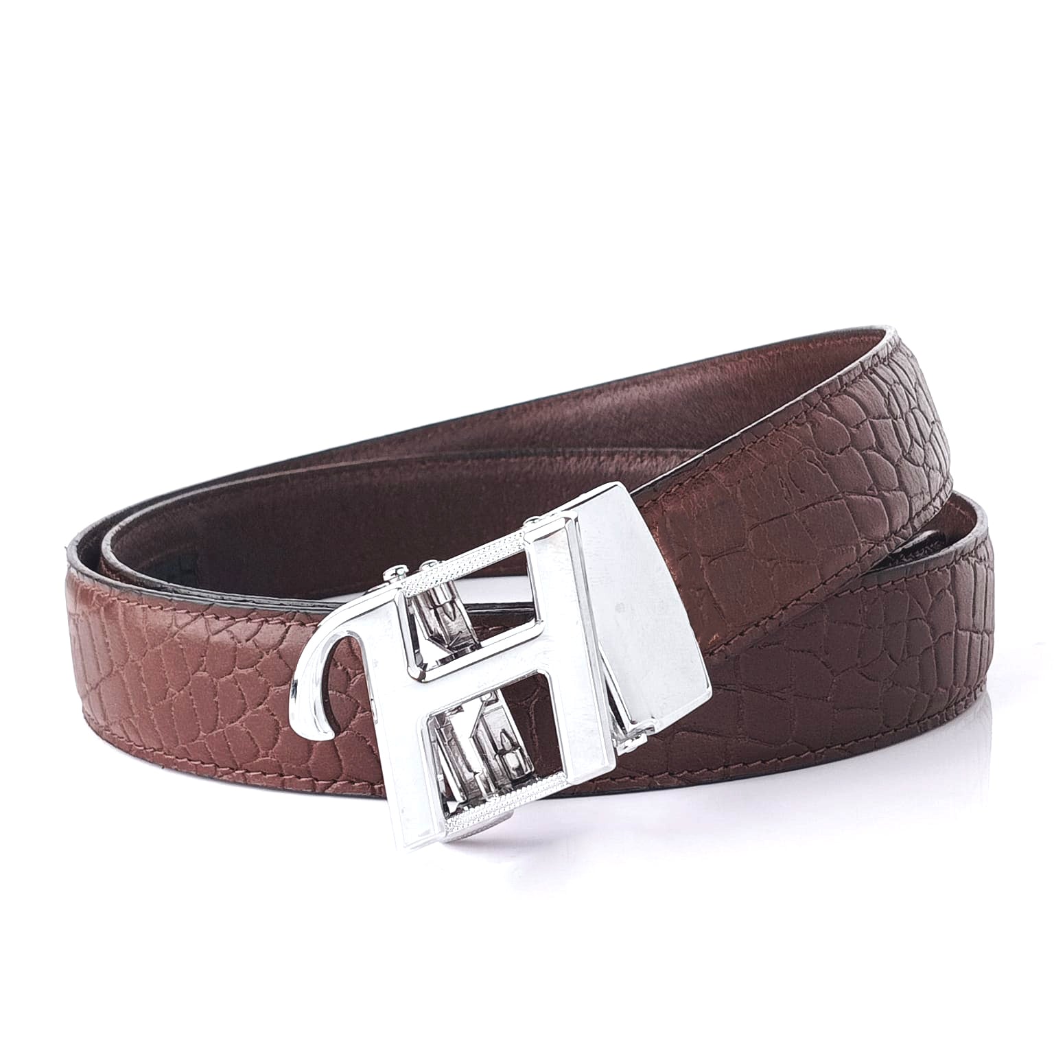 Hemener Men H Letter Metal Auto Grip Buckle Brown Croc Pattern Genuine Leather Belt