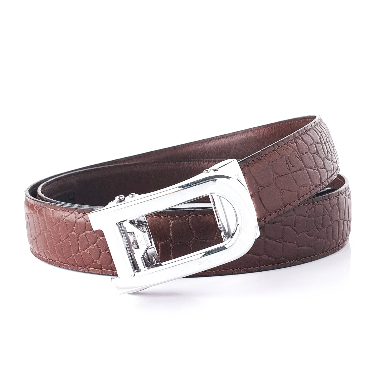 Hemener Men D Letter Metal Auto Grip Buckle Brown Croc Pattern Genuine Leather Belt