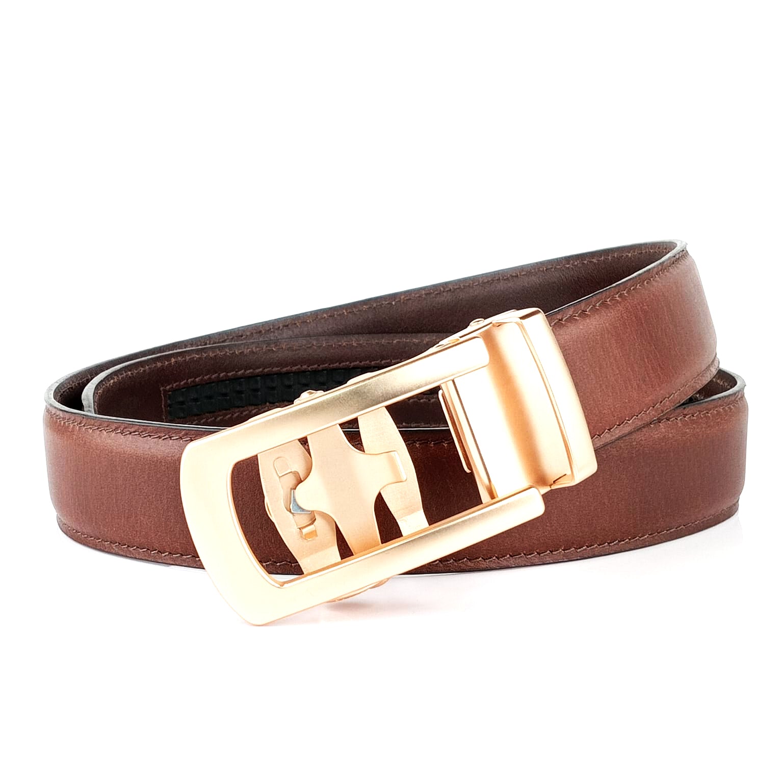 Hemener Men Metal Auto Grip Buckle Brown Genuine Leather Belt