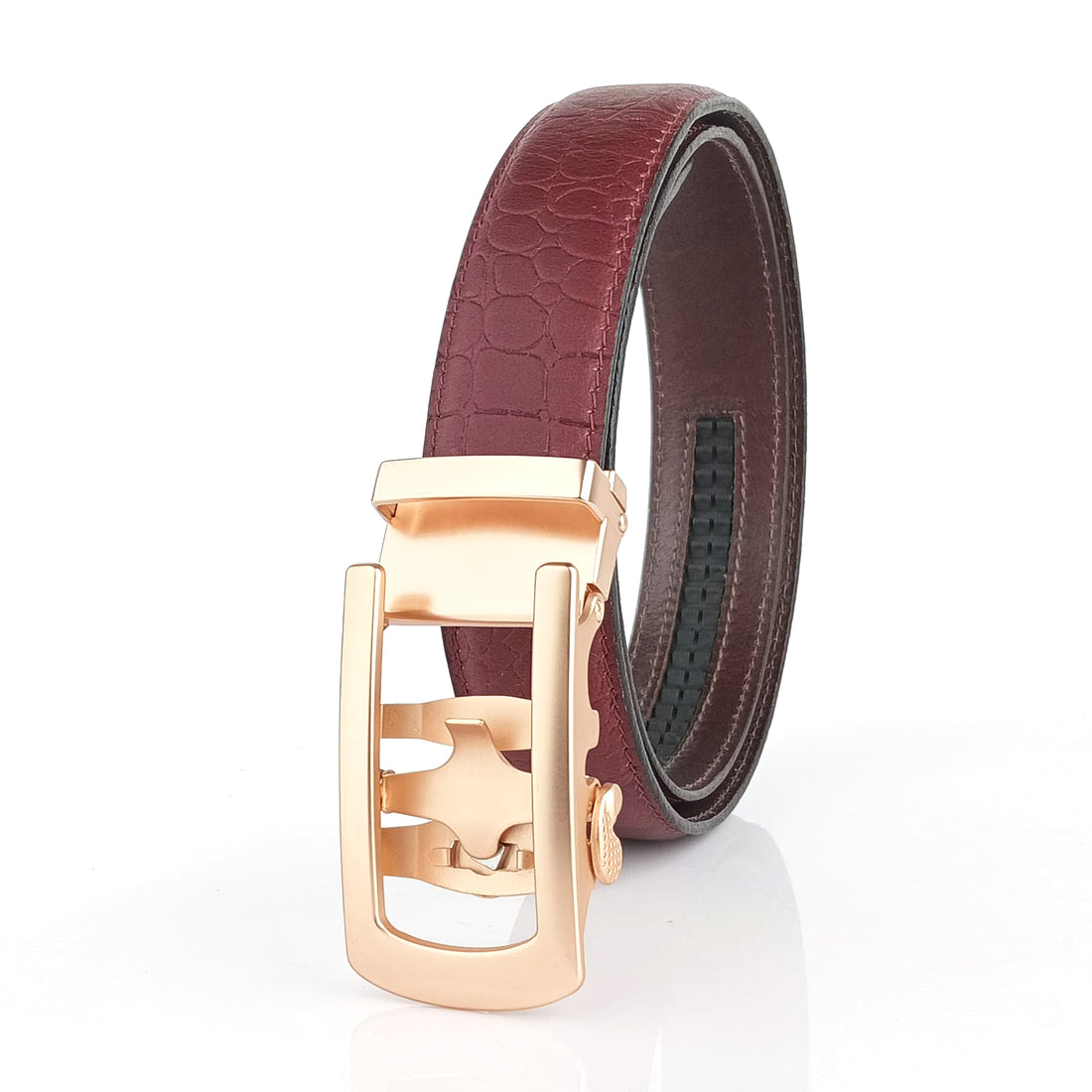 Hemener Men Metal Auto Grip Buckle Cherry Brown Croc Pattern Genuine Leather Belt