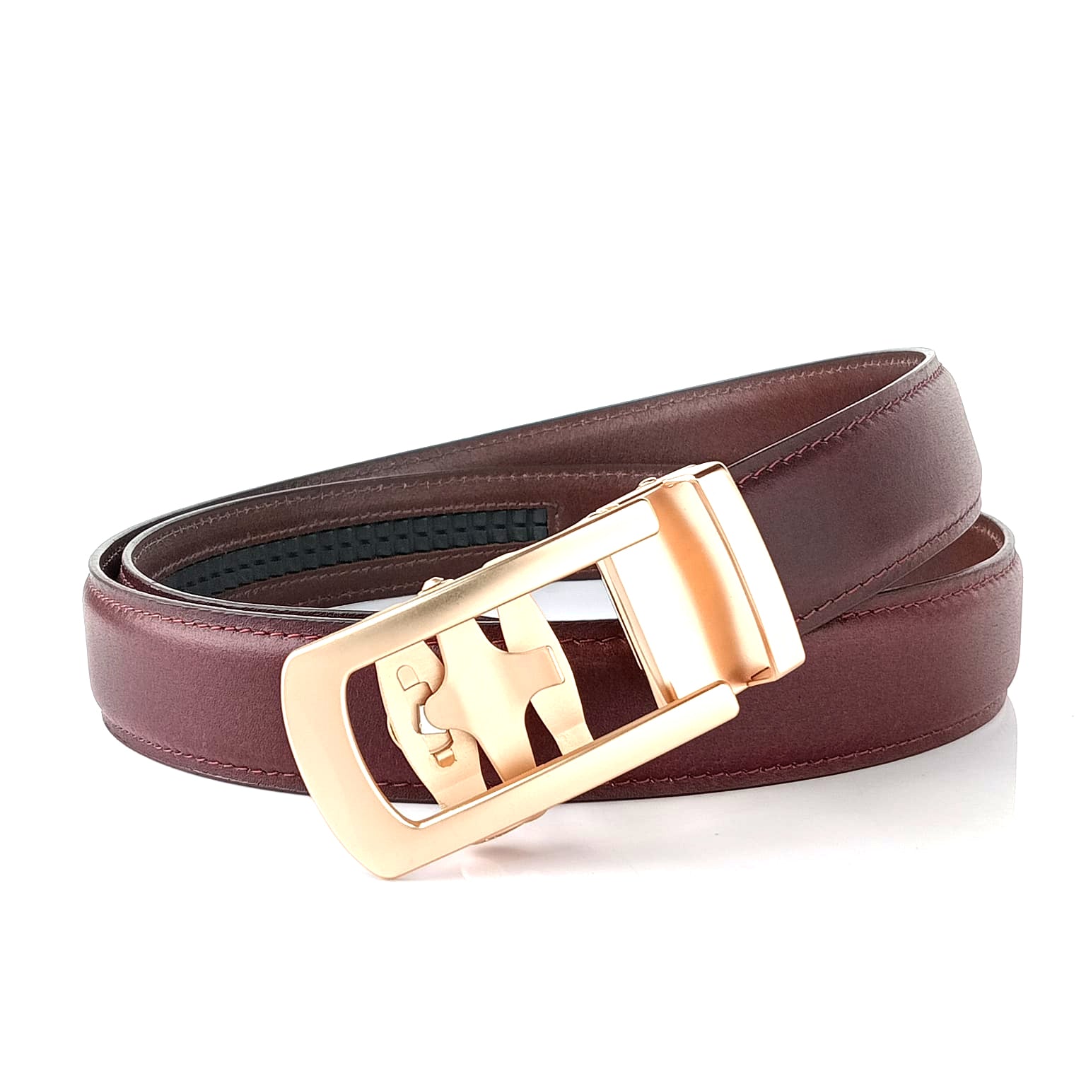 Hemener Men Metal Auto Grip Buckle Cherry Brown Genuine Leather Belt