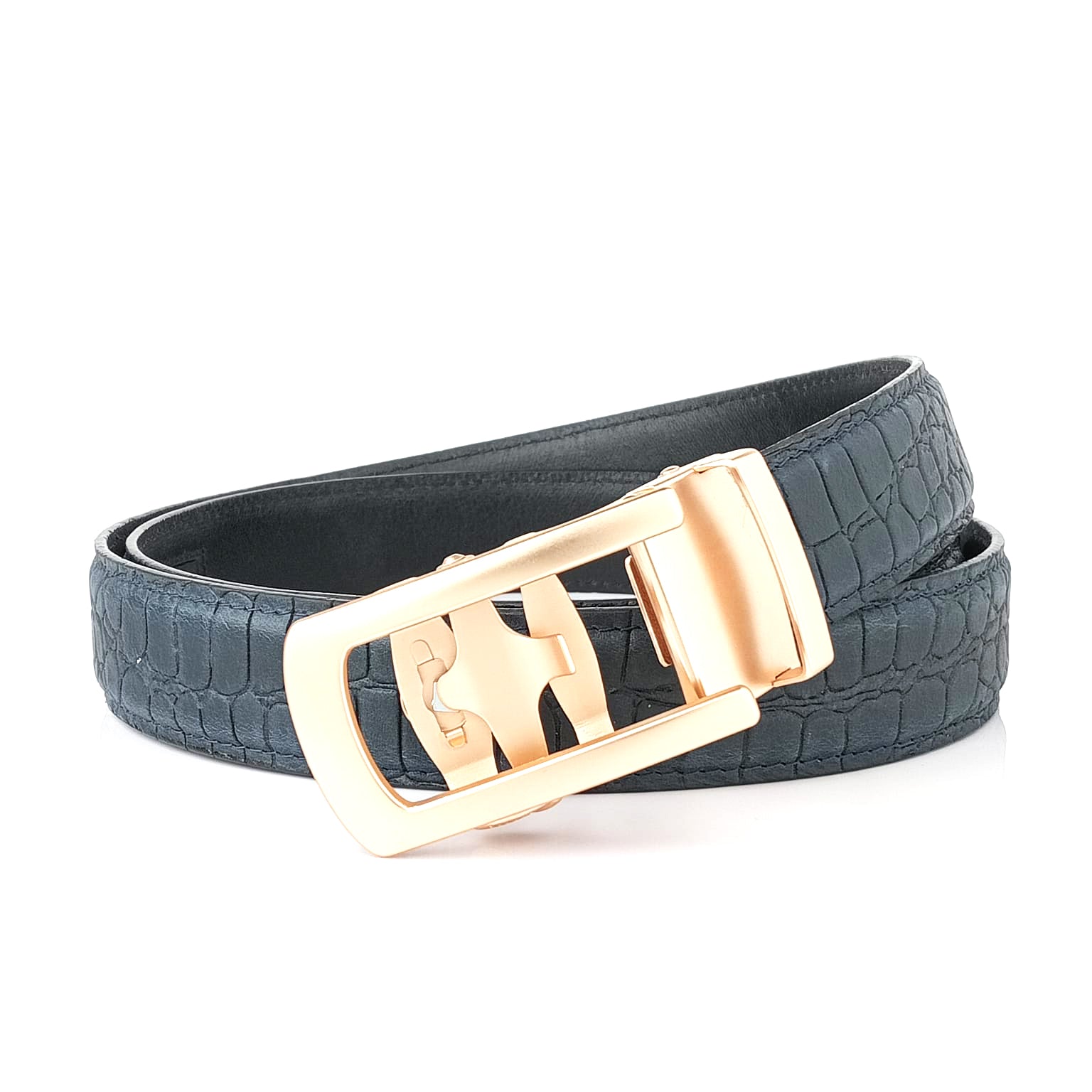 Hemener Men Metal Auto Grip Buckle Blue Croc Pattern Genuine Leather Belt