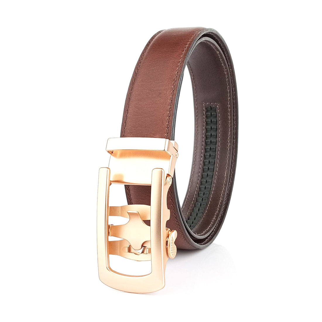 Hemener Men Metal Auto Grip Buckle Brown Genuine Leather Belt