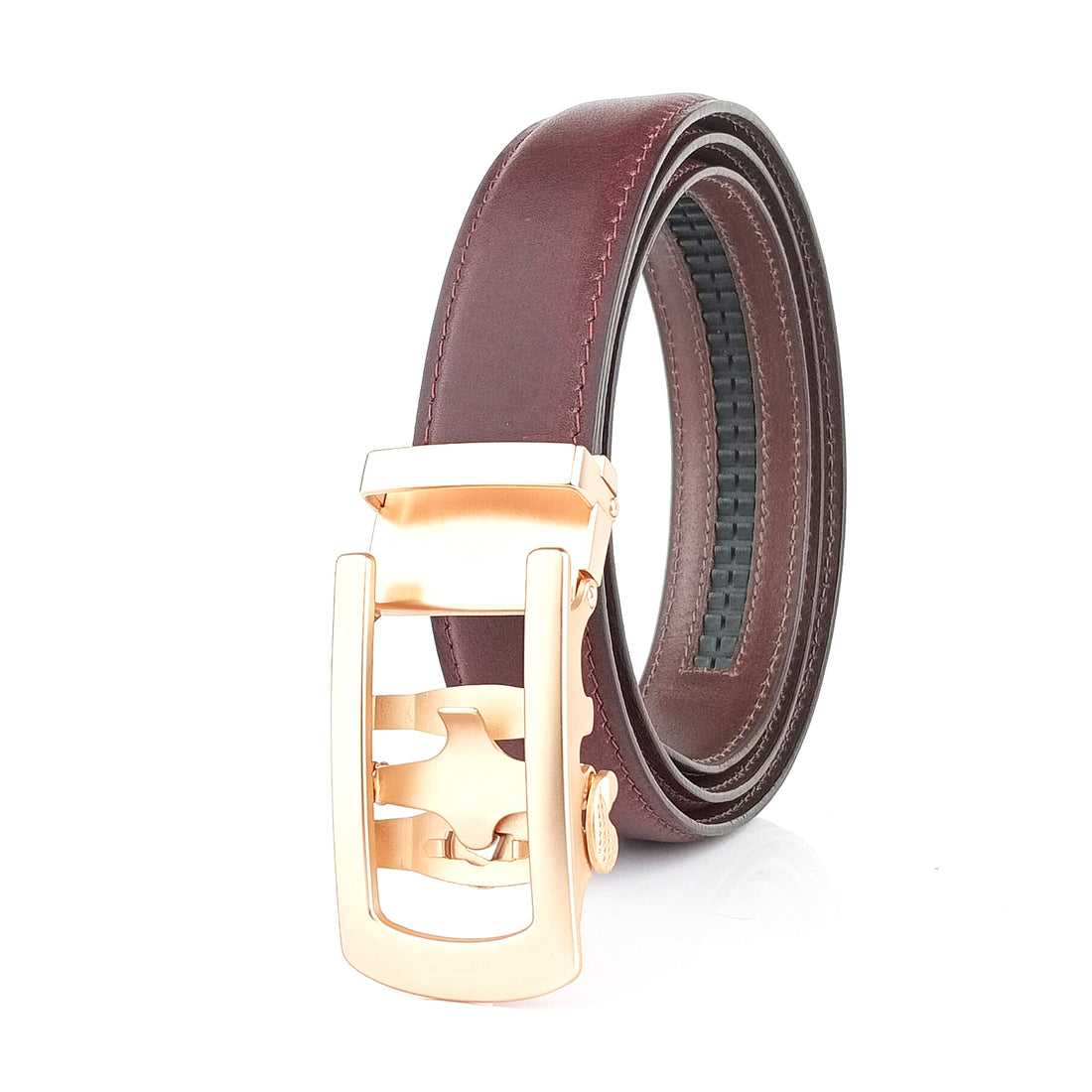 Hemener Men Metal Auto Grip Buckle Cherry Brown Genuine Leather Belt