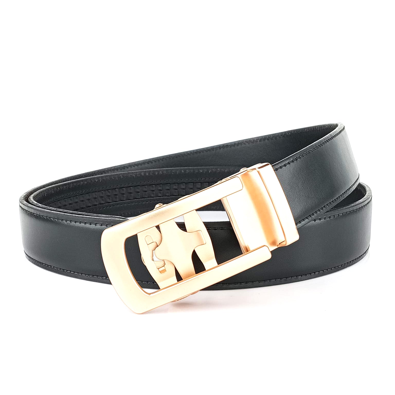 Hemener Men Metal Auto Grip Buckle Black Genuine Leather Belt