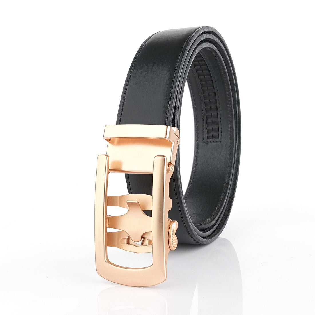 Hemener Men Metal Auto Grip Buckle Black Genuine Leather Belt